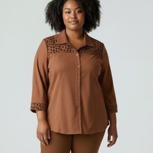 Vintage Claire France Exclusive Suede Brown Animal Print Accent Blouse US 14